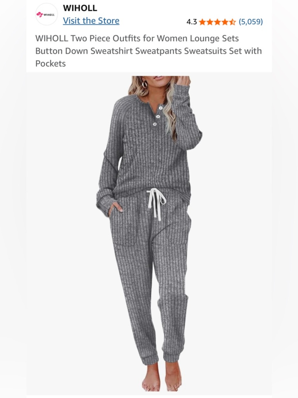 Gray Ribbed Knit Two-Piece Loungewear Set, size large